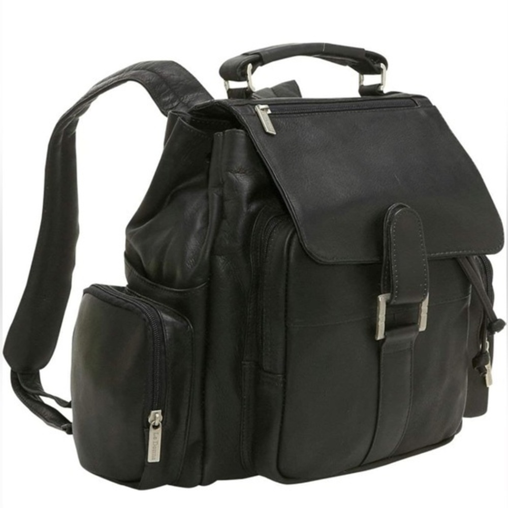 Le Donne Black Full-Grain Leather Multi-Pocket Backpack Colombian Cowhide